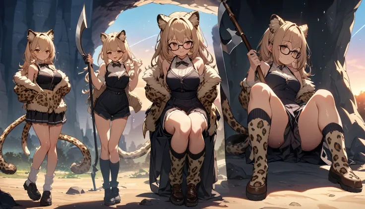 ((best quality)), ((highly detailed)), masterpiece, , (1girl), (glasses), multiple views, full body, ((wet knee socks)), -(leopard girl, brown eyes), leopard ears, leopard tail, leopard-print fur, large fangs, (outdoors, in a dark stone cave, stalagmite, s...