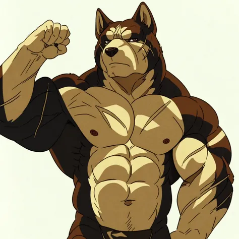 riki, detailed scars, brown fur, male, masculine, anthro body, half body, (muscular arms, muscular neck, lats, pectorals, biceps...