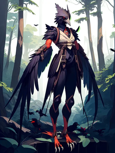 prospect(anthropomorphic crow，wearing ancient adventurer gear，the arms and hands are integrated with the bird&#39;s wings, and t...