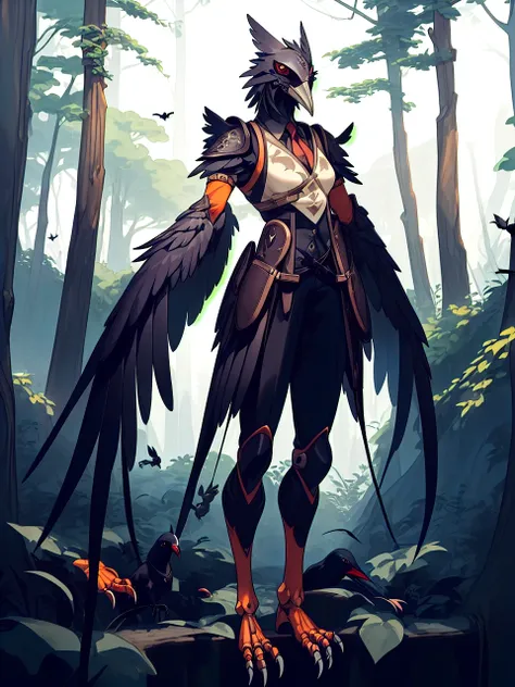 prospect(anthropomorphic crow，wearing ancient adventurer gear，the arms and hands are integrated with the bird&#39;s wings, and t...