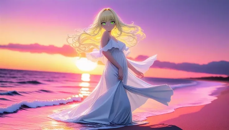 a beautiful young woman with long blonde hair and green eyes, wearing a flowing white dress, standing on a beach at sunset, dramatic lighting, romantic and serene atmosphere, detailed facial features, 8k, best quality, masterpiece, vibrant colors, soft lig...