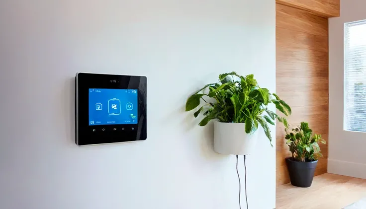 A beautiful woman is activating home security by operating a large touch screen mounted on the wall in a smart home. ((show when a person or user touches the screen)), The screen displays various controls for home automation, such as lighting, temperature,...