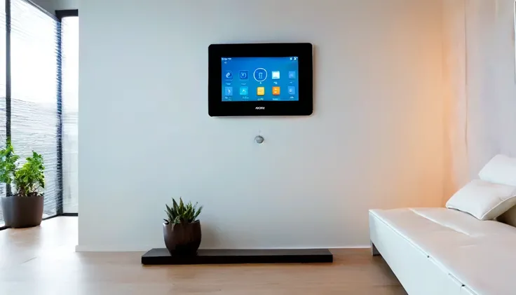 A beautiful woman is activating home security by operating a large touch screen mounted on the wall in a smart home. ((show when a person or user touches the screen)), The screen displays various controls for home automation, such as lighting, temperature,...