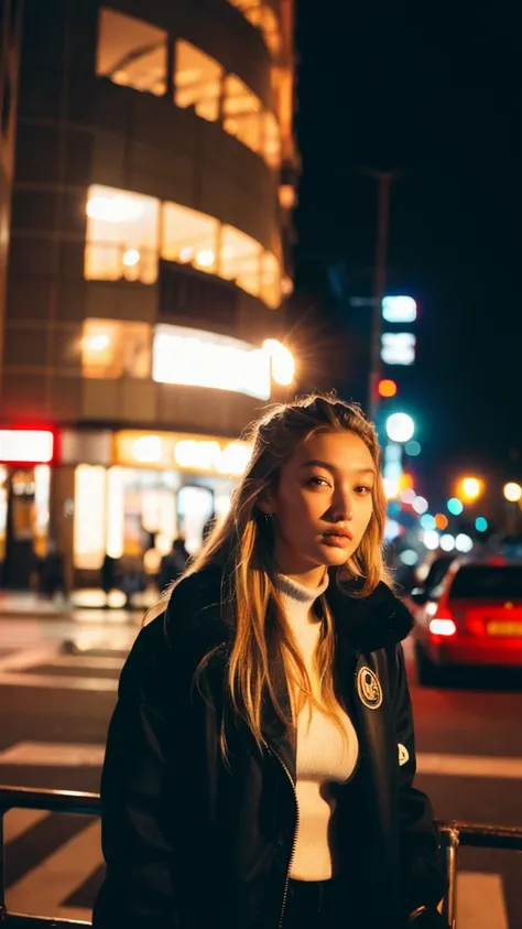 (Cinematic Aesthetic:1.4) Photo of a city night gigi hadid 