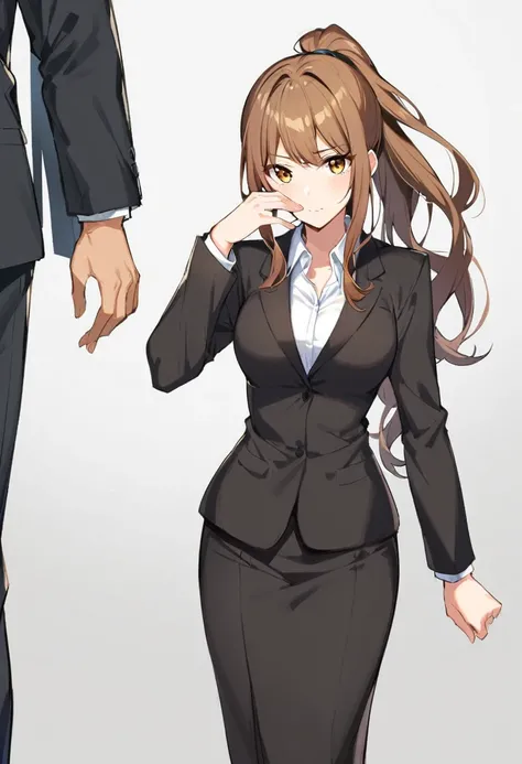 1 Girl, suit, office lady, Black trousers, Black blazer, Brown Hair, Long Hair, teenager, ponytail, Cover your nose with your hand