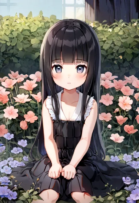 ((8k)),((Japanese)),(10 years old:1.6),(Innocent and innocent face:1.5),(Highly detailed face),(Kind eyes),((Straight bangs)),girl,cute,Upper body naked,I can see your boobs、Random Skirt,In front of the flower bed in the garden,Sitting,Medium-long black ha...