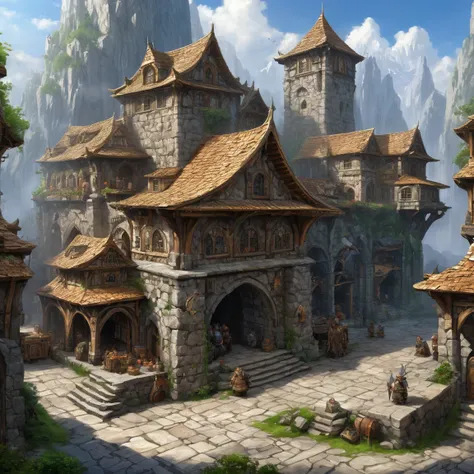 (best quality)), ((masterpiece)), ((realistic,digital art)), (super detailed), fantasy, massive stone building, dwarf marketplace