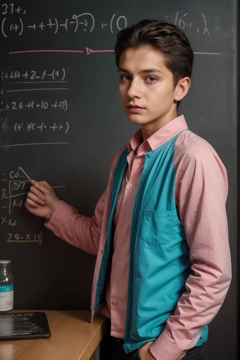 A young male genius twink wearing a long-sleeved, pink shirt and aqua blue pants. He is in his scientific office and behind him is a blackboard with calculus written on it. Neon waves emerge from the blackboard. He has black hair and his eyes have dark cir...