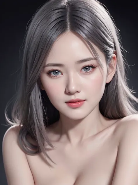 1girl, star eye, blush, perfect illumination, grey hair, red bright eyes, unreal engine, sidelighting, detailed face, bangs, bright skin, simple background, dark background, upon body, realistic big breasts.