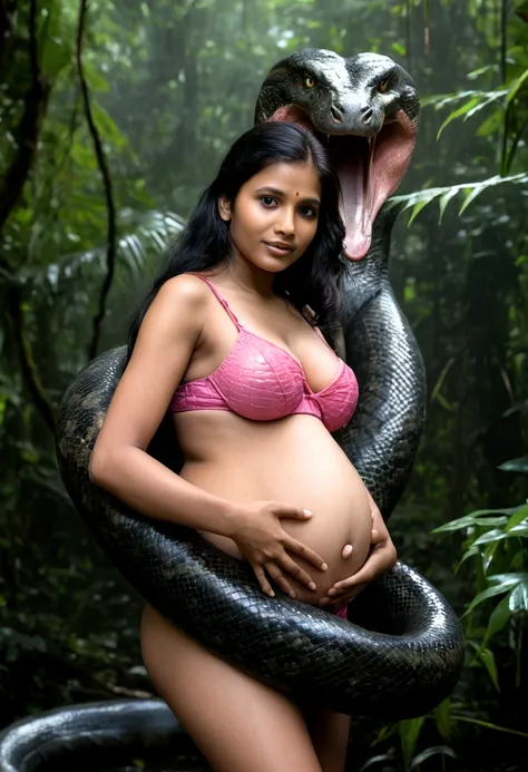 Pregnant Topless  pink thong wearing aroused horny beautiful happy young Indian teen girl vs  Giant black anaconda monster wrapped around her body squeezing her in coiled embrace cuddling and kissing  sexual erotic bestiality  sex  realistic in the rainfor...