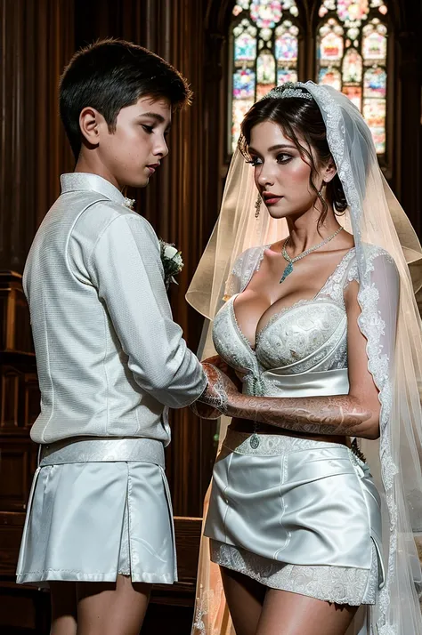 ((Mother and son getting married picture:1.5)), Ultra detailed photo of a ultra sexual incredibly gorgeous Ukrainian 32 year old sexy angelic supermodel mother bride in a gothic cathedral, ((ultra sexy bridal miniskirt:1.5)), mystical lights, backlit, ((ve...