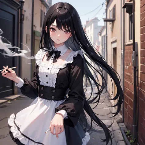 Smoking cigarettes　Maid clothes　Long Black Hair　The background is a European back alley