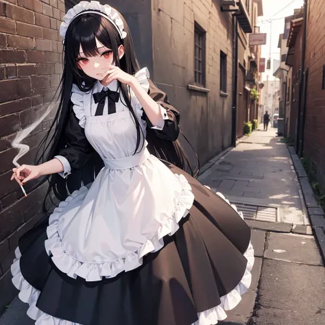 Smoking cigarettes　Maid clothes　Long Black Hair　The background is a European back alley