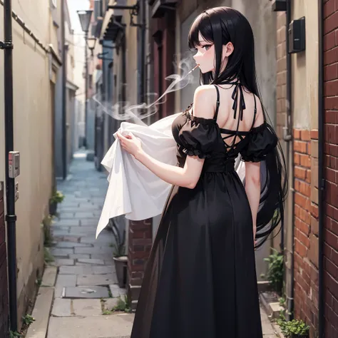 Smoking cigarettes　Maid clothes　Long Black Hair　The background is a European back alley