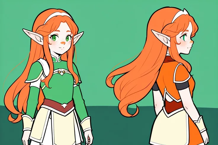 （The same character，front，side，back），Simple background，（whole body）girl，Orange hair，Long curly hair，Green eyes，Look ahead，Wearing armor，Freckles on the face，Elf ears，Short skirt，Equal proportions，The same clothes，whole body像，The same shoes