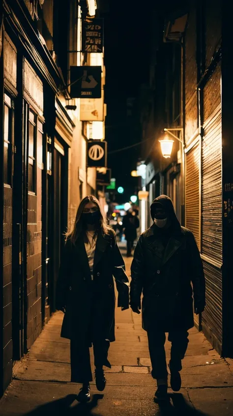 (Cinematic Aesthetic:1.4) Photo of a city night gigi hadid walking with black man with mask 