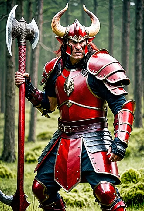 a warrior wearing red leather armor with tusks while wielding a red 2 headed axe