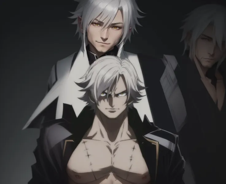 a close up of a person with a shirt on holding a knife, hajime yatate, a silver haired mad, white haired deity, white fox anime, thancred waters in style of wlop, white haired, portrait of thancred, male anime character, badass anime 8 k, roguish smirk, ne...