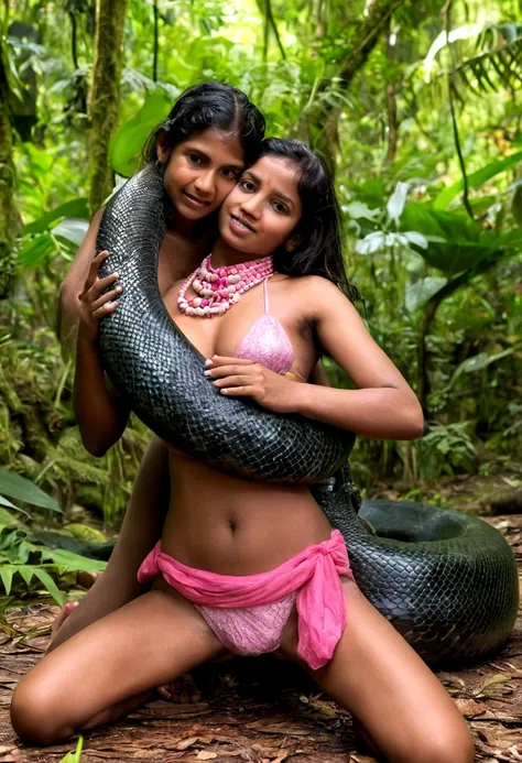  Topless  pink thong wearing aroused horny beautiful happy young Indian teen girl vs  Giant black anaconda monster wrapped around her body squeezing her in coiled embrace cuddling and kissing  sexual erotic bestiality  sex  realistic in the rainforest full...