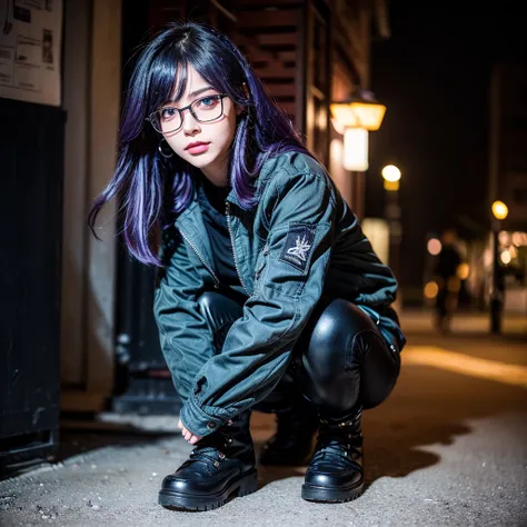 ((best quality)), ((masterpiece)), (detailed), perfect face, 1 girl, purple hair, blue beautiful eyes, tactical gear, military, black military pants, black military boots, black military jacket, military vest, city. Night, winter, glasses, (real、photoreali...