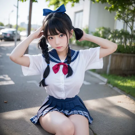 excellent work、HD analysis、Highest level of image quality、16K、reality、1 girl、student18岁的、student、Japanese school uniform、White sailor suit、Red bow tie at neckline、（Soft saturation:1.3）、（Light skin tone:1.2）、Full body facing the camera、18mm lens、F/8.0 apert...