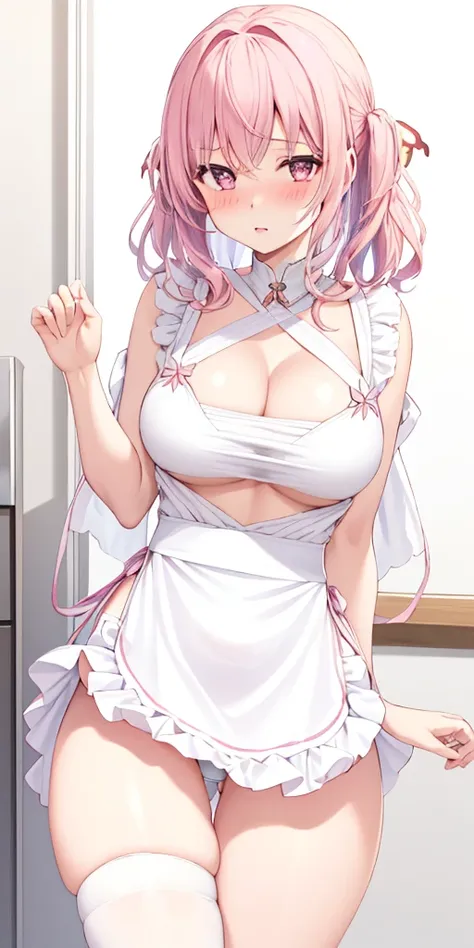 1girl in, solo, Pink hair, butterfly hair ornament, (barechested:1.3), (White apron),, cleavage of the breast, thighs thighs thighs thighs, Cafe background, (red blush:1.3), opening legs