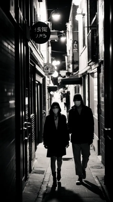 (Cinematic Aesthetic:1.4) Photo of a city night gigi hadid walking with black man with mask black and white 