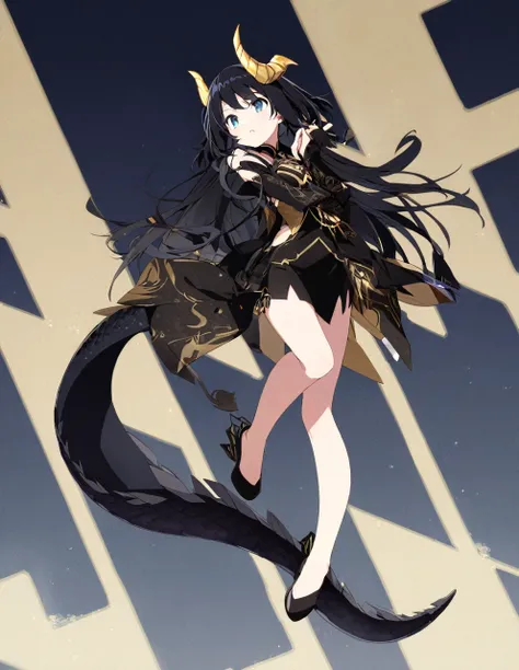 Dragon girl with crystal　golden horn　Black Hair　Full body black　Dragons tail　Aerial