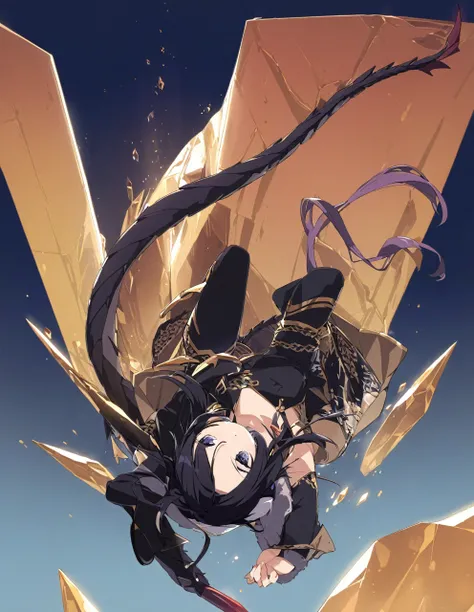 Dragon girl with crystal　golden horn　Black Hair　Full body black　Dragons tail　Aerial