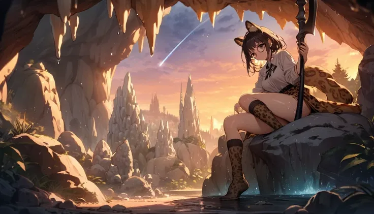 ((best quality)), ((highly detailed)), masterpiece, , (1girl), (glasses),  full body, ((wet knee socks)), -(leopard girl, brown eyes), leopard ears, leopard-print fur, (outdoors, in a dark stone cave, stalagmite, stalactites, twilight, shooting star, sunny...