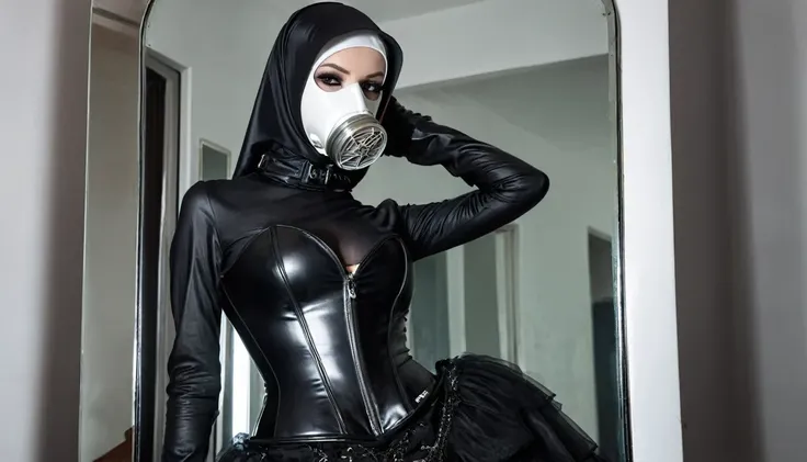 A very thin, sexy nun in a steel collar. His back is turned. A white gas mask is on his face. She is wearing a black latex veil, a tight latex hijab, a tight leather corset, black leather high-heeled boots and black leather gloves. He looks in the mirror. ...