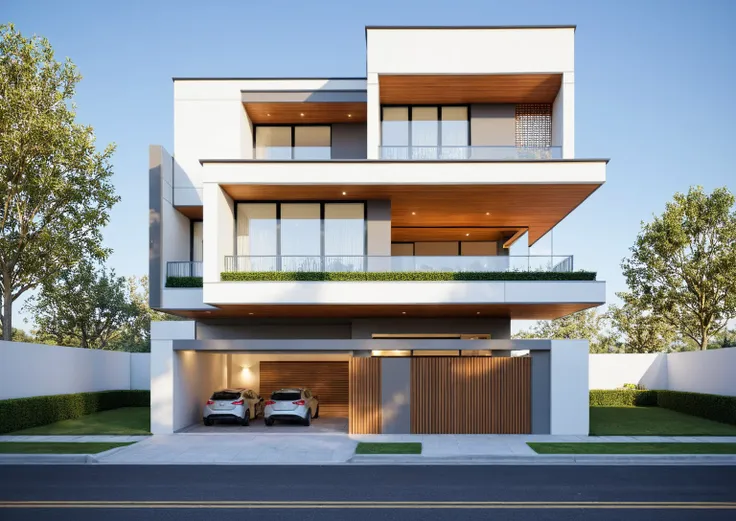 townhouse, (modern style:1.2), open roof top sky, exterior design, perspective view, (white wall:1.3), (block sidewalks and asph...