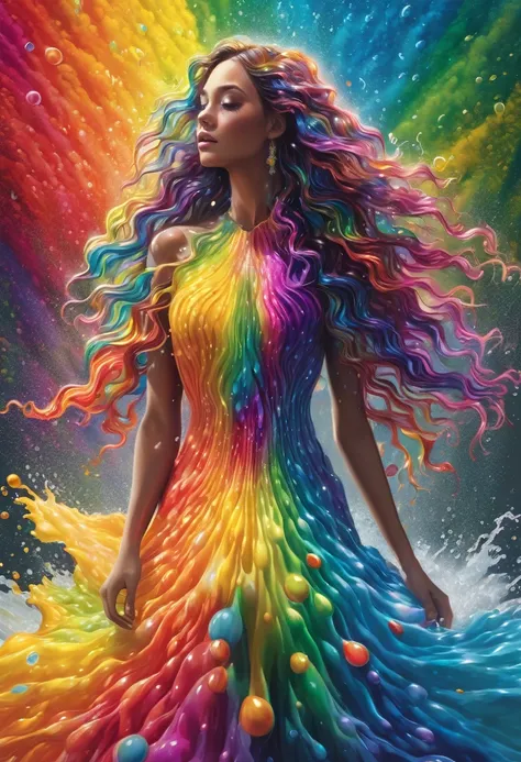 "A stunning digital rendering of a woman with a kaleidoscope of colors in her dress and hair, standing in a cascade of rainbow water, each droplet reflecting a different hue."