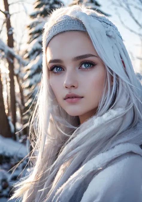 Raw photo, 1 girl,(White hair), long hair, Detailed stunning innocent symmetrical face, emotional, beautiful detailed eyes, windy, floating hair, snowy, upper body, detailed face, winter, trees, sunlight,best shadow,((Best quality, masterpiece)),(realistic...