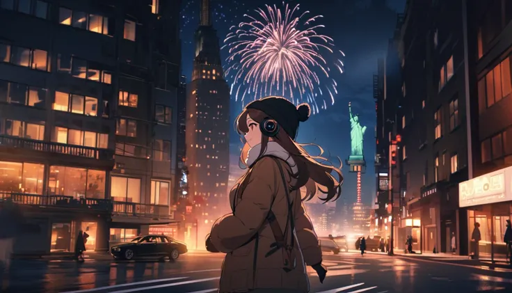 lofi relaxed one brunette girl with headphones walks in streets of NYC. (helicopter) in roof of building. winter night. beautiful landscape of NYC with statue of liberty, fireworks, in night sky. travel. tourist. sweater, gloves, winter hat. long hair. new...