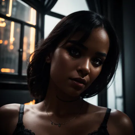 a voluptuous black girl,beautiful detailed eyes,beautiful detailed lips,extremely detailed eyes and face,longeyelashes,lingerie,sexy pose,dark haunted night club interior,dramatic lighting,moody atmosphere,cinematic,neon lights,hyper-realistic,photorealist...