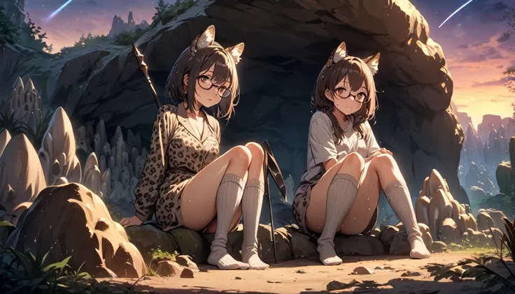 ((best quality)), ((highly detailed)), masterpiece, , (1girl), (glasses),  full body, ((wet knee socks)), -(leopard girl, brown eyes), leopard ears, leopard-print fur, (outdoors, in a dark stone cave, stalagmite, stalactites, twilight, shooting star, sunny...