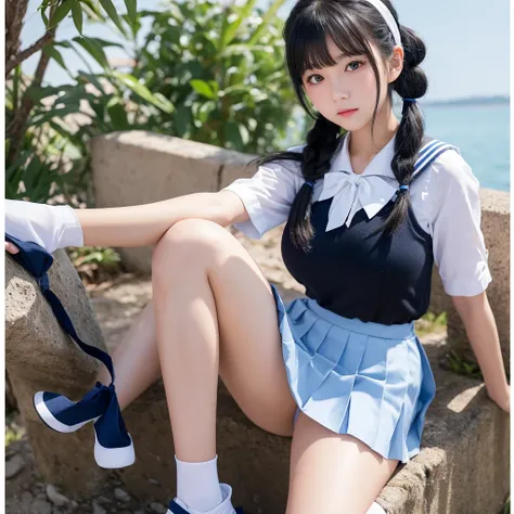 excellent work、HD analysis、Highest level of image quality、16K、reality、1 girl、student18岁的、student、Japanese school uniform、White sailor suit、Red bow tie at neckline、（Soft saturation:1.3）、（Light skin tone:1.2）、Full body facing the camera、18mm lens、F/8.0 apert...