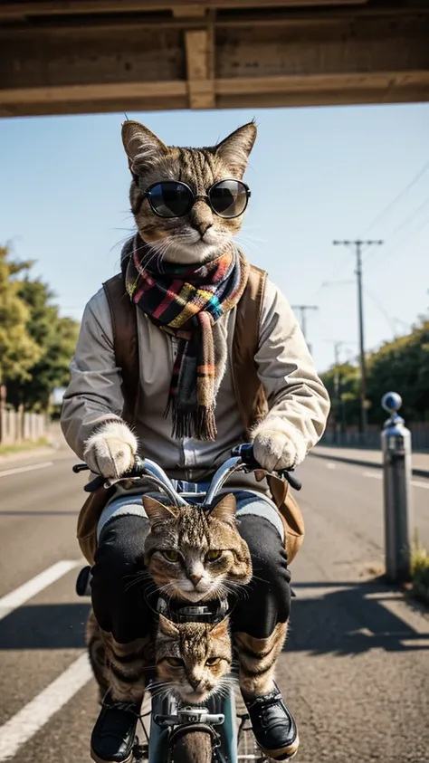 araffe cat wearing sunglasses and scarf riding a bicycle, biker, looking heckin cool and stylish, riding a bicycle, awesome cat, cat riding a bicycle, !!! cat!!!, hipster, cat design, anthropomorphic cat, high quality portrait,, riding on the road, high qu...