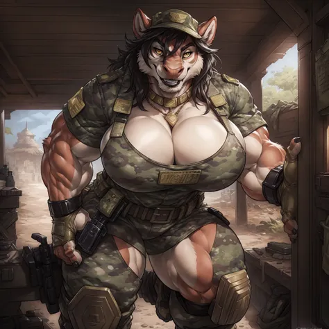 solo, 1girl, red Dragon, female, broad shoulders, stocky build, buff, muscular, large breasts, gold eyes, highly detailed eyes, long snout, Amazon, powerful figure, wearing camouflage_uniform, (monochrome uniform:1.2), military camp, rolled sleeves, shirt,...