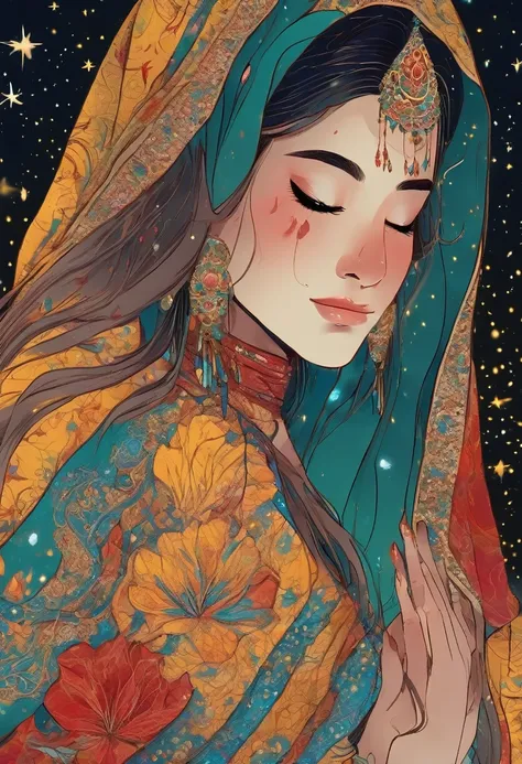 belly danceを踊る女の子, Action pose、Hiding her face with a scarf、Only the eyes are visible、sea-blue Indian traditional clothing、Red and yellow gradient outfit、 Pastel sky、Starry Sky、Spice Flower、 ginkgo leaf, Slope, Slope background, Slope sky, Indian tradition...