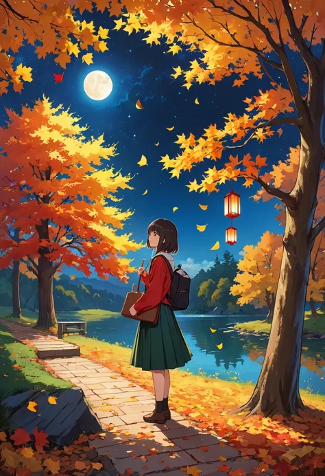 1 Girl, be opposed to_Tree, WHO_shizuha, anger_vein, autumn, autumn_Tree叶, Bangs, only_Tree, blue_Eye, blunt_Bangs, Branches, night, skirt, come down_Tree叶, forest, ginkgo_leaf, Keep_leaf, lake, leaf, leaf_background, leaf_head发_Decorations, leaf_exist_hea...