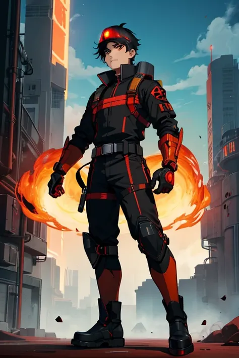 male, orange eyes, black hair, tan skin, (((1boy))), (((red and black futuristic Fire Rescue uniform))), (red Fire Rescue helmet), (black cybernetic gauntlets), (black boots), (black belt), long legs, goatee