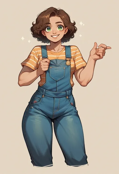 19 year old woman with curly brown hair, freckles, overalls, green eyes, wearing nothing underneath the overalls