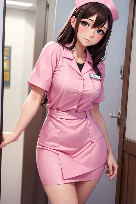 A sexy nurse in pink clothes