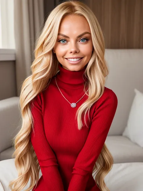 (jessejane_v1:1.0), gorgeous blonde woman (jessejane_v1:1.0), long hair. she wears: (a long sleeve red turtleneck tight high nec...