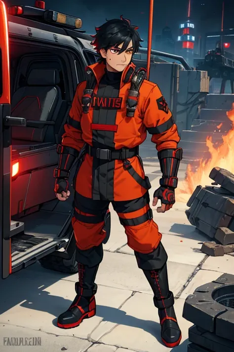 male, orange eyes, black hair, tan skin, (((1boy))), (((red and black futuristic Fire Rescue uniform))), (red Fire Rescue helmet), (black cybernetic gauntlets), (black boots), (black belt), long legs, goatee