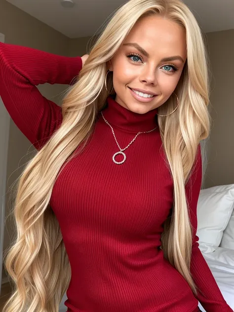 (jessejane_v1:1.0), gorgeous blonde woman (jessejane_v1:1.0), long hair. she wears: (a long sleeve red turtleneck tight high nec...