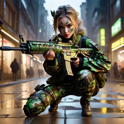 ((A young and very beautiful woman with full body and face painting in night camo is squatting with her legs spread wide.:1.4))、(Shooting from a low angle to emphasize the crotch:1.5)、(Anatomically correct fingers:1.5)、(Carrying an assault rifle)、Attractiv...