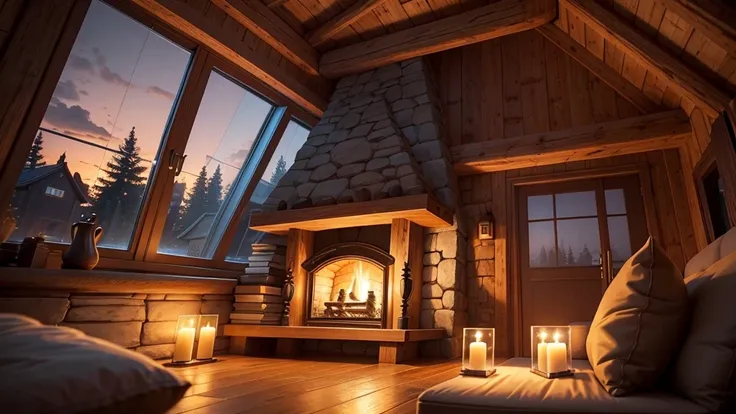 Cartoon background of wooden house living room, This night outside](Comfortable atmosphere), (Soft lighting), Bright stone fireplace fire, This is the best night, Transparent glass window